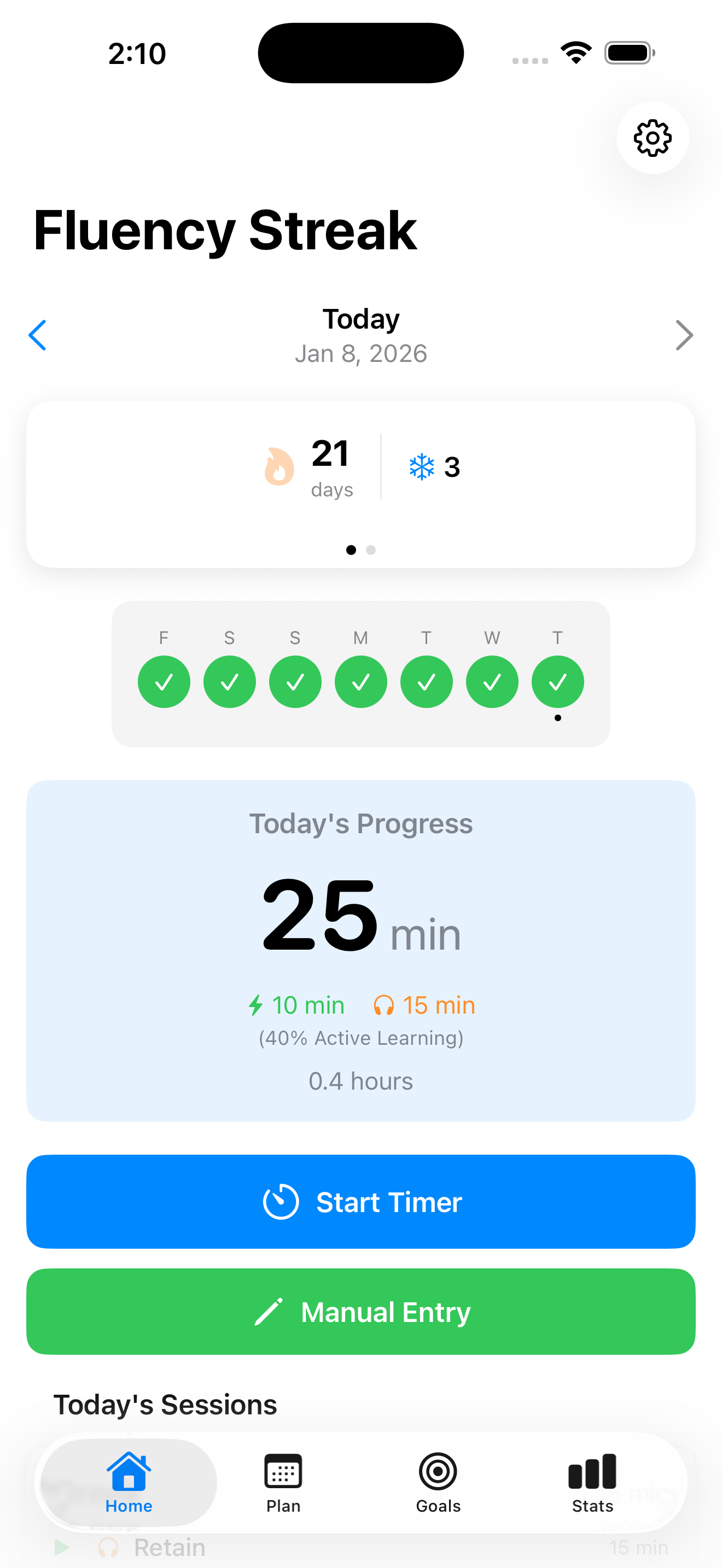 Home screen showing 21-day streak